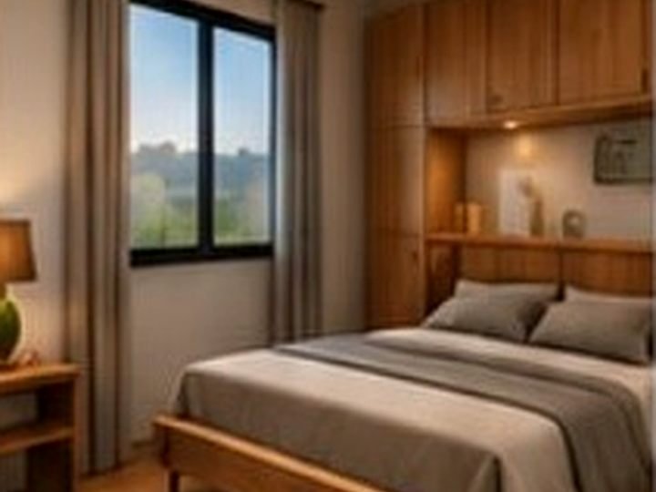 Quarto da casa compacta de 18 m² com marcenaria e janela