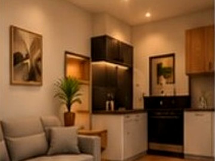 Sala e cozinha integradas da casa compacta de 18 m²